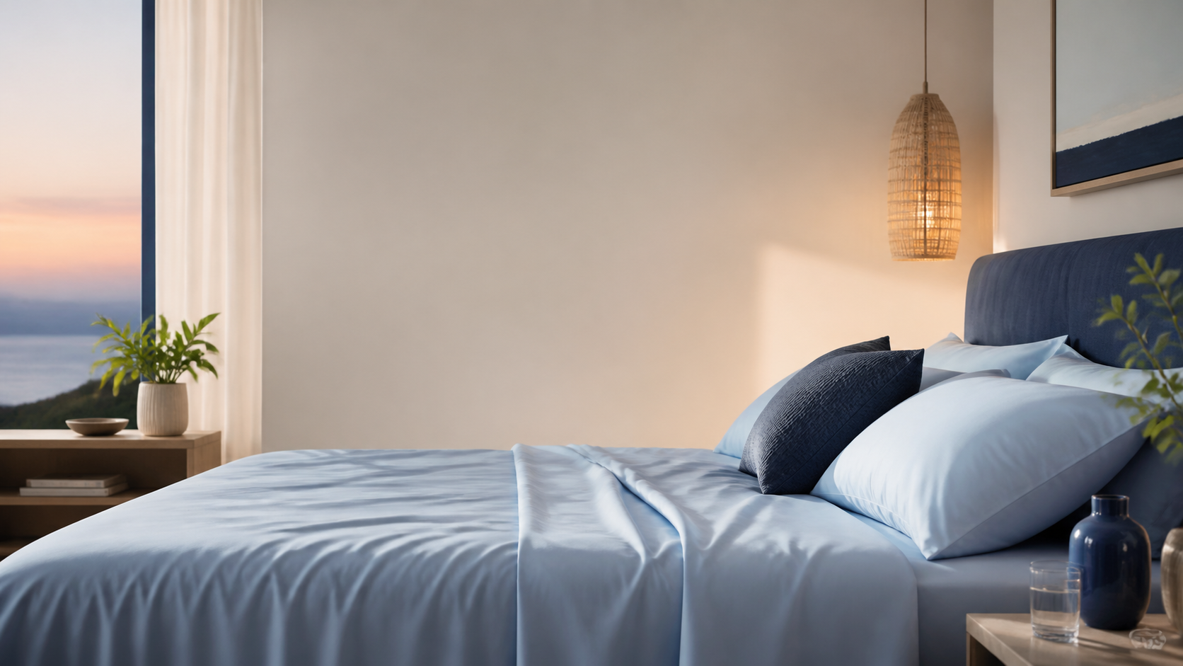 Mist-blue cooling sheets in a calm bedroom